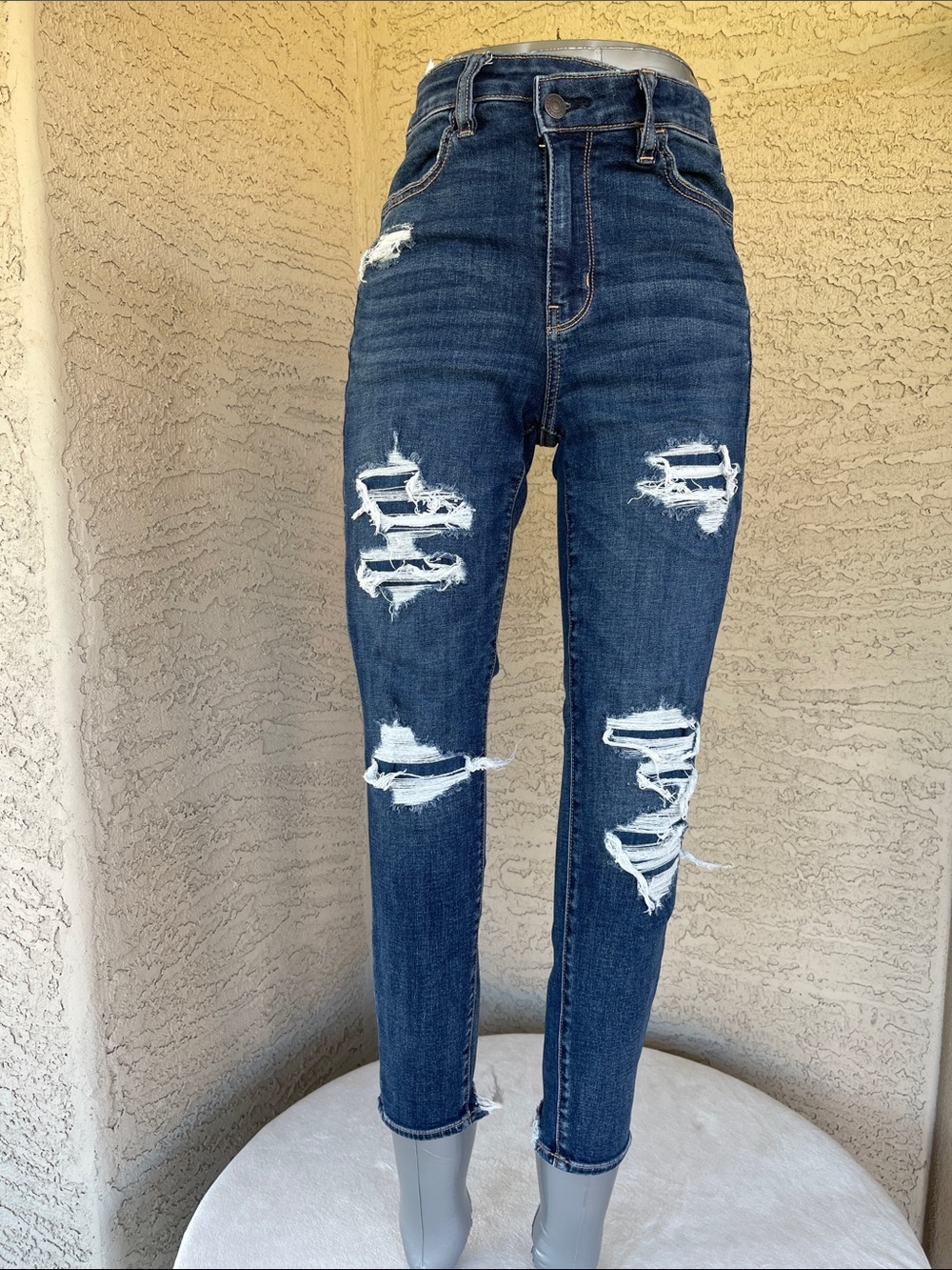 American Eagle Outfitters Dark Blue Distressed High-Rise Jeggings